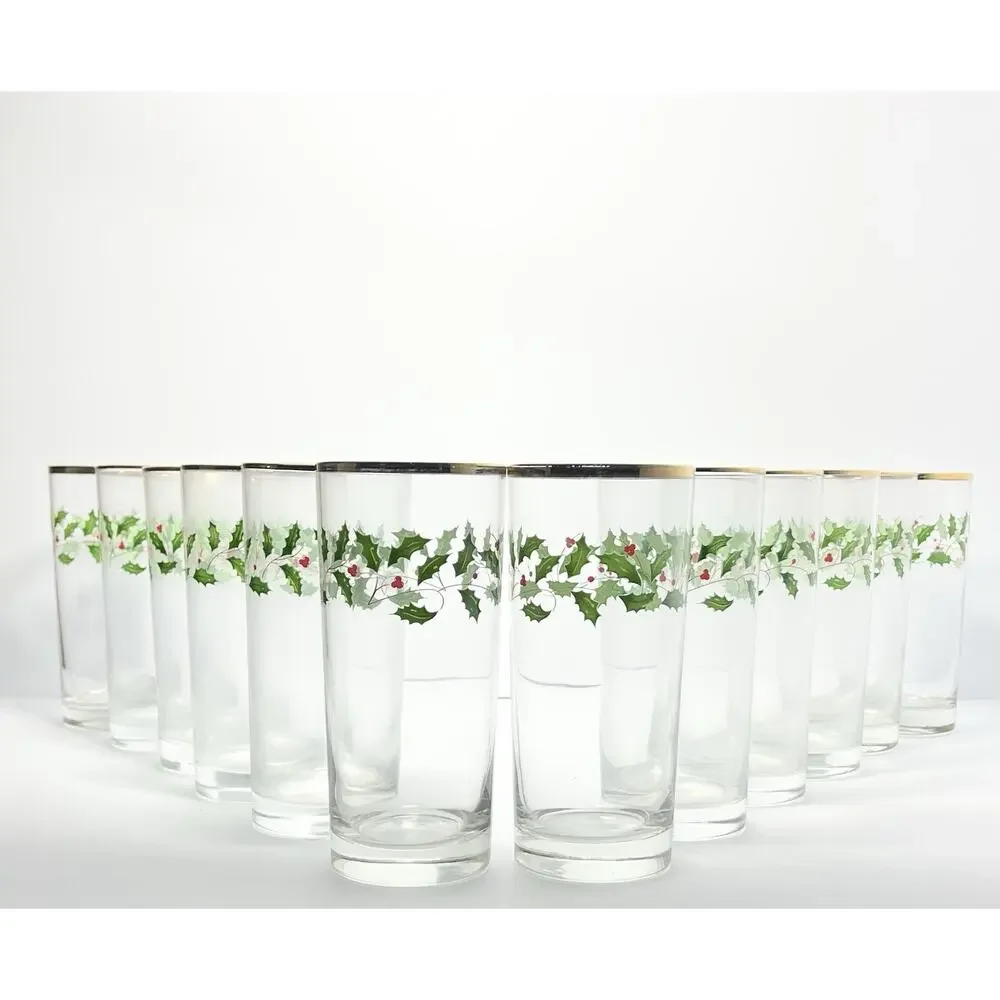 Lenox “Holiday” Set of 12 Tumbler Highball Glasses 6 1/4” 16oz Christmas Holly